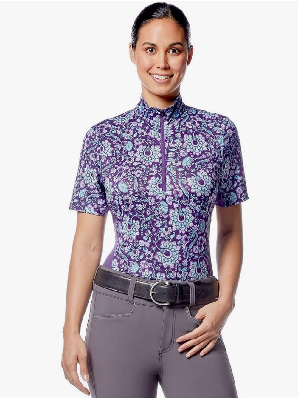 Kerrits Always Cool Ice Fil Short Sleeve Riding Shirt  Equestrian Zip Iris Lucky